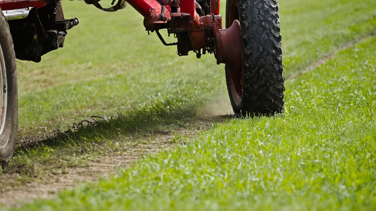 Des traces de pneus marquent une piste en herbe après une course de tondeuses.