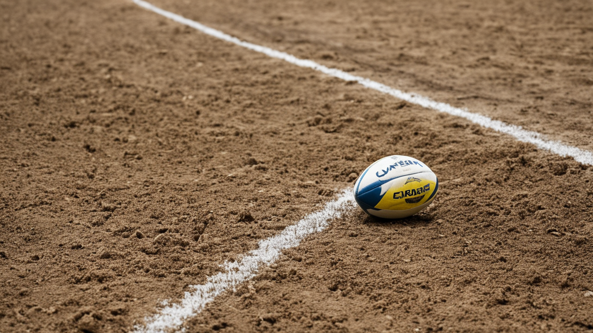 Le bord d’un terrain de rugby prêt avant un match dans un stade moderne.