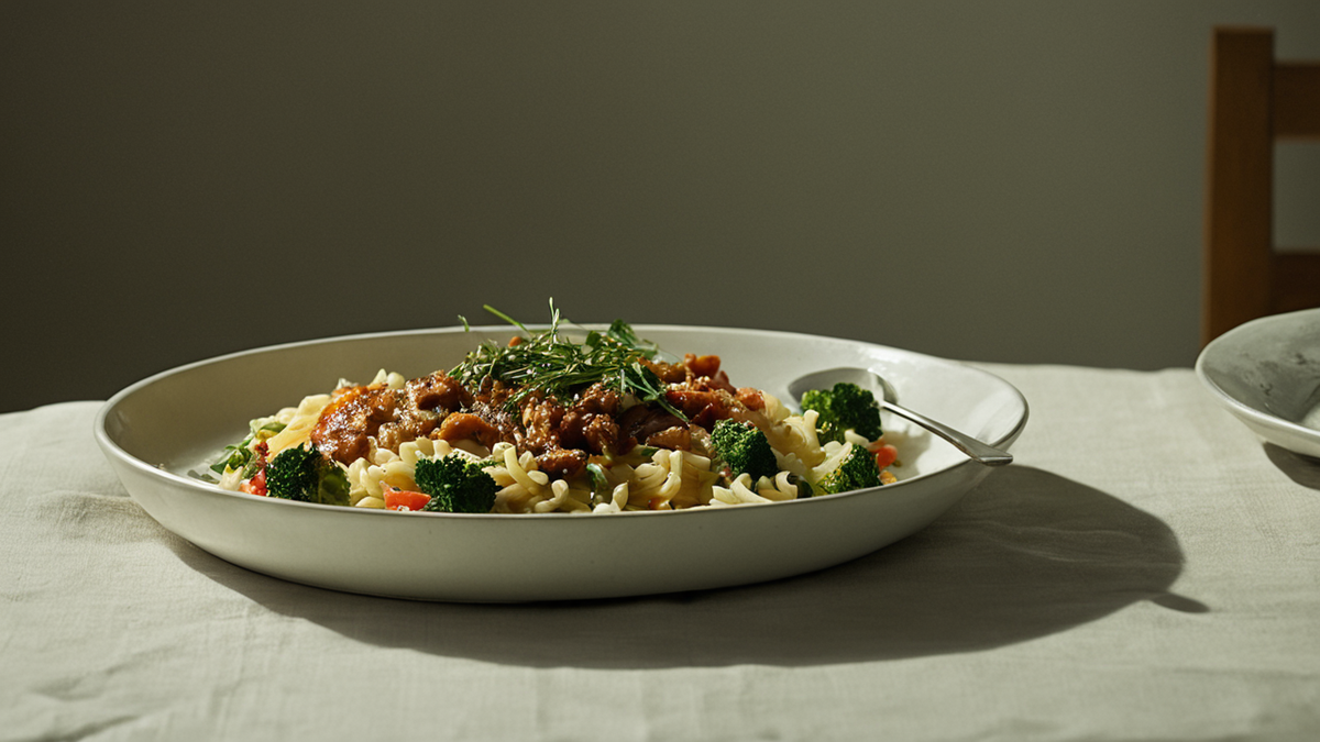Des plats de cuisine maison posés près d’un écran montrant une vidéo floue.
