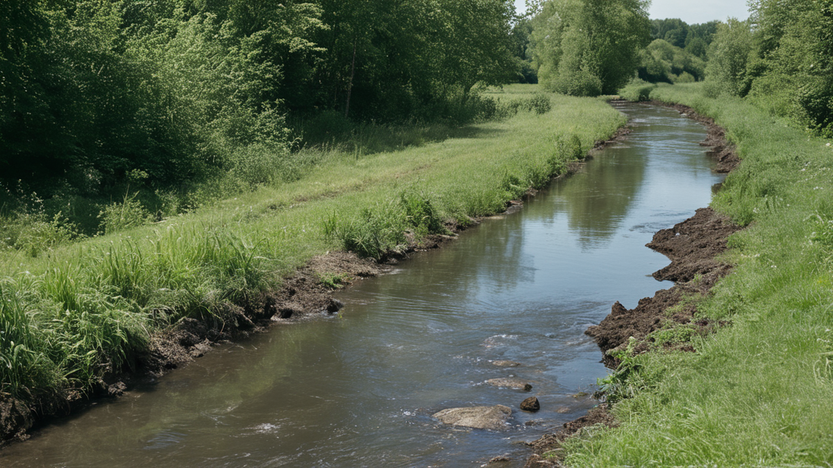 Une digue basse fissurée au bord d'un canal dans un paysage deltaïque.