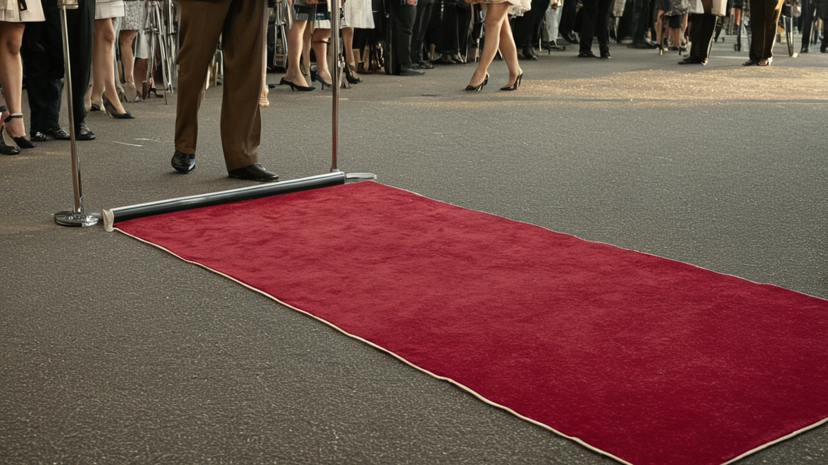 Un tapis rouge stylisé avec flashes et silhouettes floues de photographes.