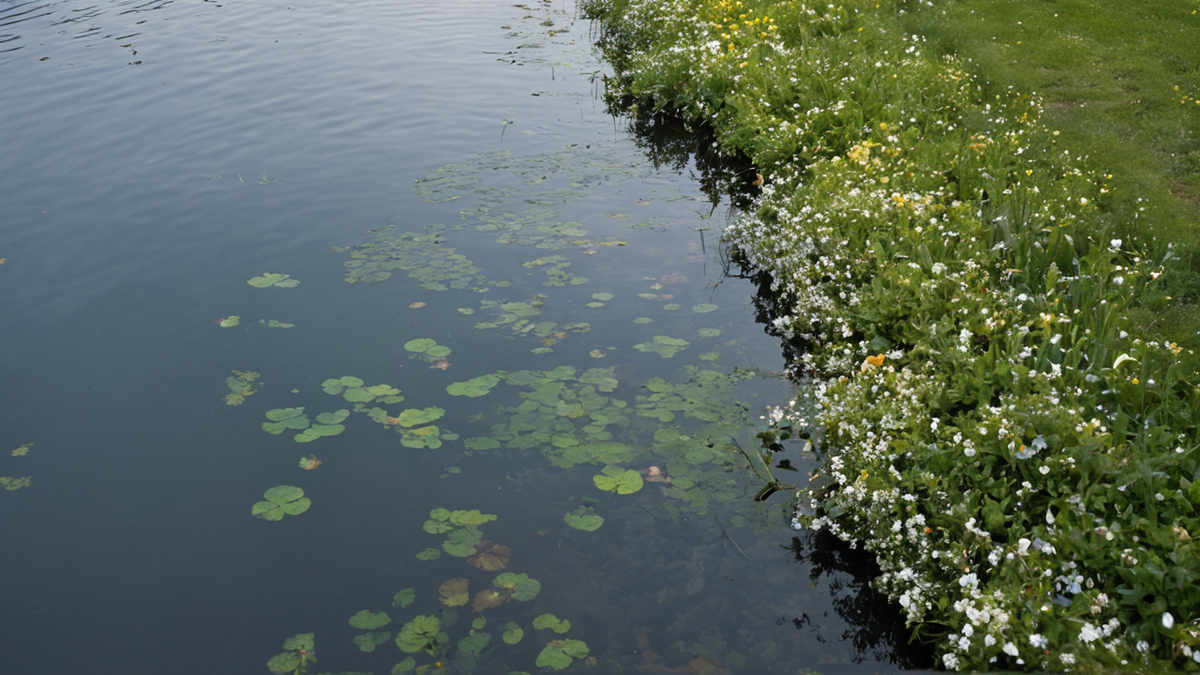 Des fleurs flottantes sur un bassin au bord d’un défilé en extérieur.
