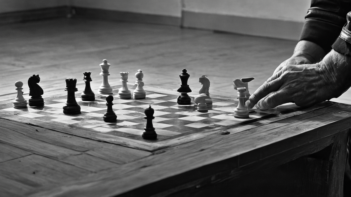 Un espace de tournoi d’échecs vide suggère la tension et la réputation qui débordent du plateau.