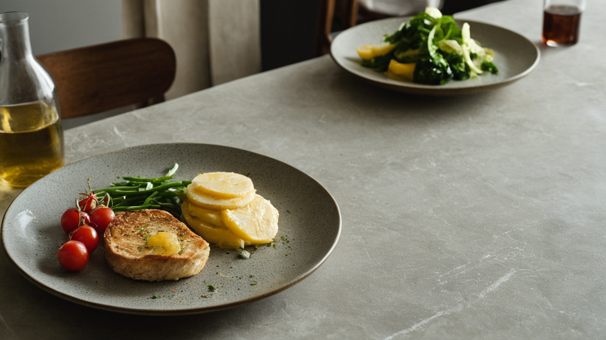 Une table familiale avec quelques produits allégés en arrière-plan flou.