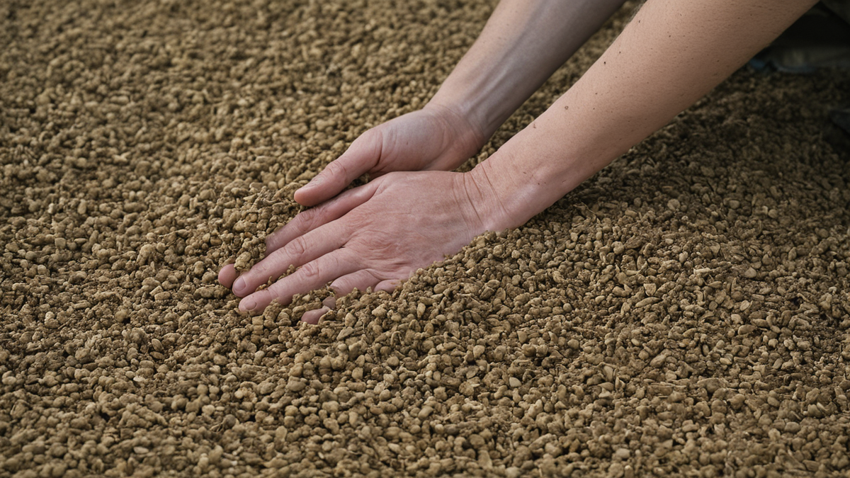 Un hangar agricole avec sacs de semences et tuyaux d’irrigation rangés.