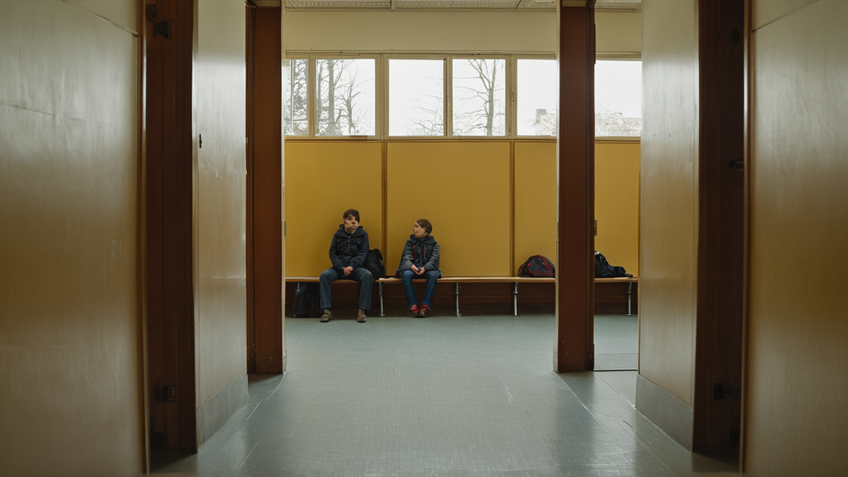 Couloir d’école calme avec sac à dos et chaise vide.