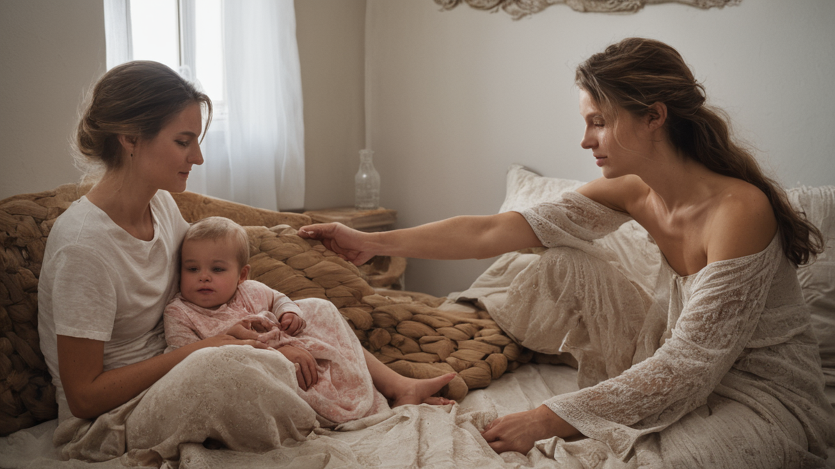 Salon familial calme avec objets de repos et lumière douce.