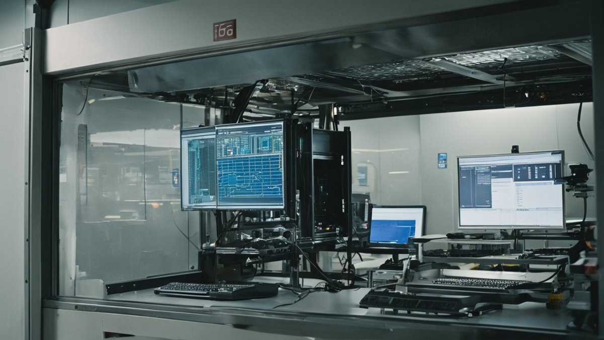 Un poste de travail de gestion des risques avec écran flou et documents neutres.