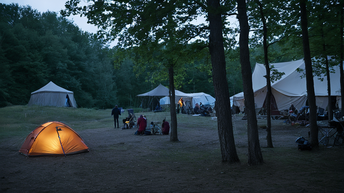 Écran et installation de projection dans un camping de festival en soirée.