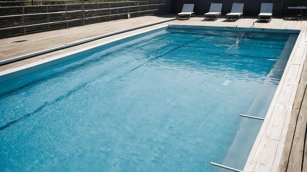 Piscine trackside avec palmiers mobiles et piste floue au second plan.