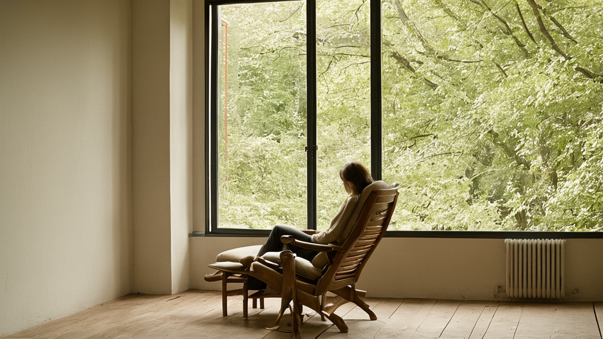 Salon calme avec une petite chaise d’enfant près d’un fauteuil adulte et une couverture pliée.