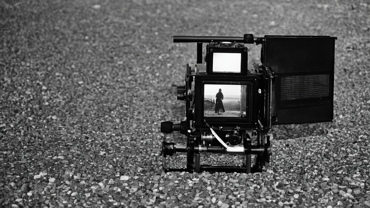 Une petite salle de projection avec un film artistique à l’écran.