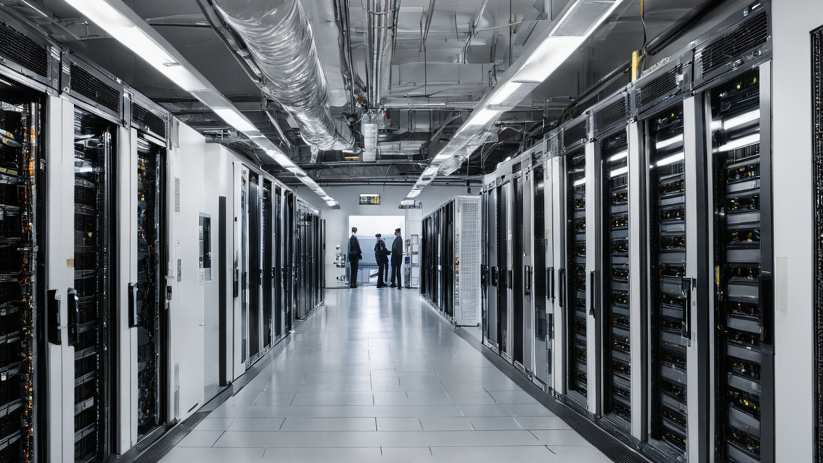 Une allée de data center illustre la couche d’infrastructure où se joue l’indépendance des géants de l’IA.