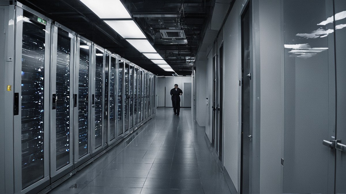 Un écran montre une interface floue de vérification d'annonceur dans un bureau sobre.