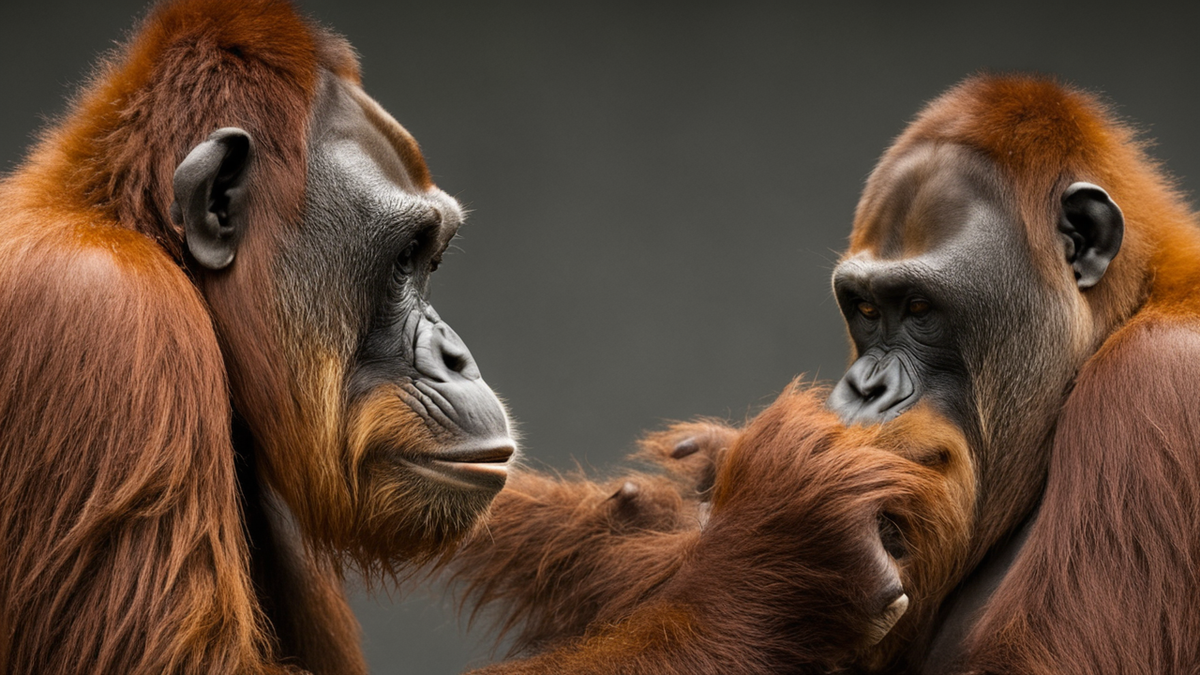 Deux orangs-outans juvéniles se faisant face après le jeu