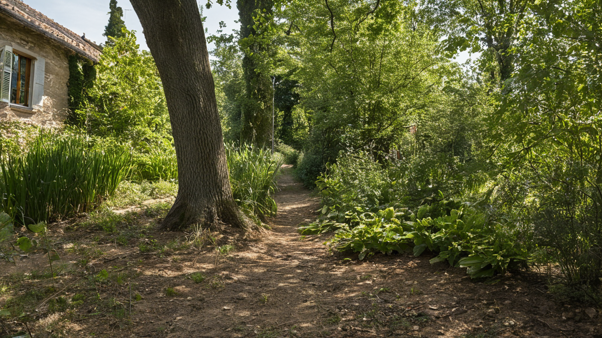 Une bande de gravier plantée le long d’un mur de maison dans un jardin sec.