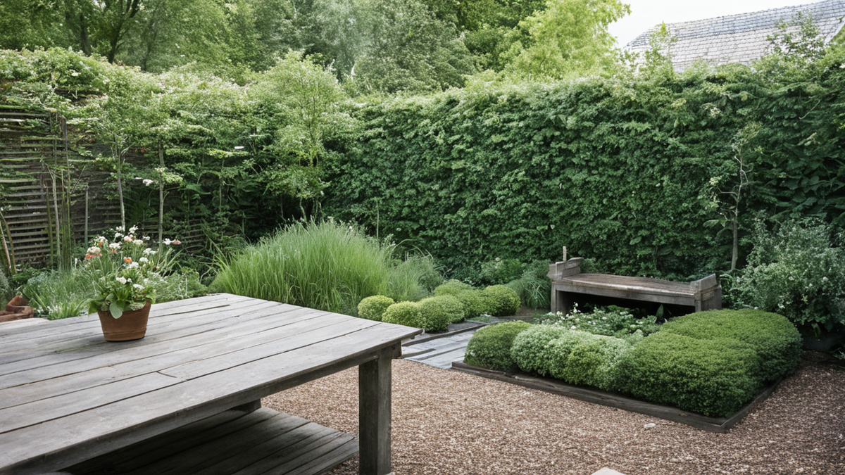 Des plantes sobres en eau paillées au gravier dans un massif calme en fin de journée.