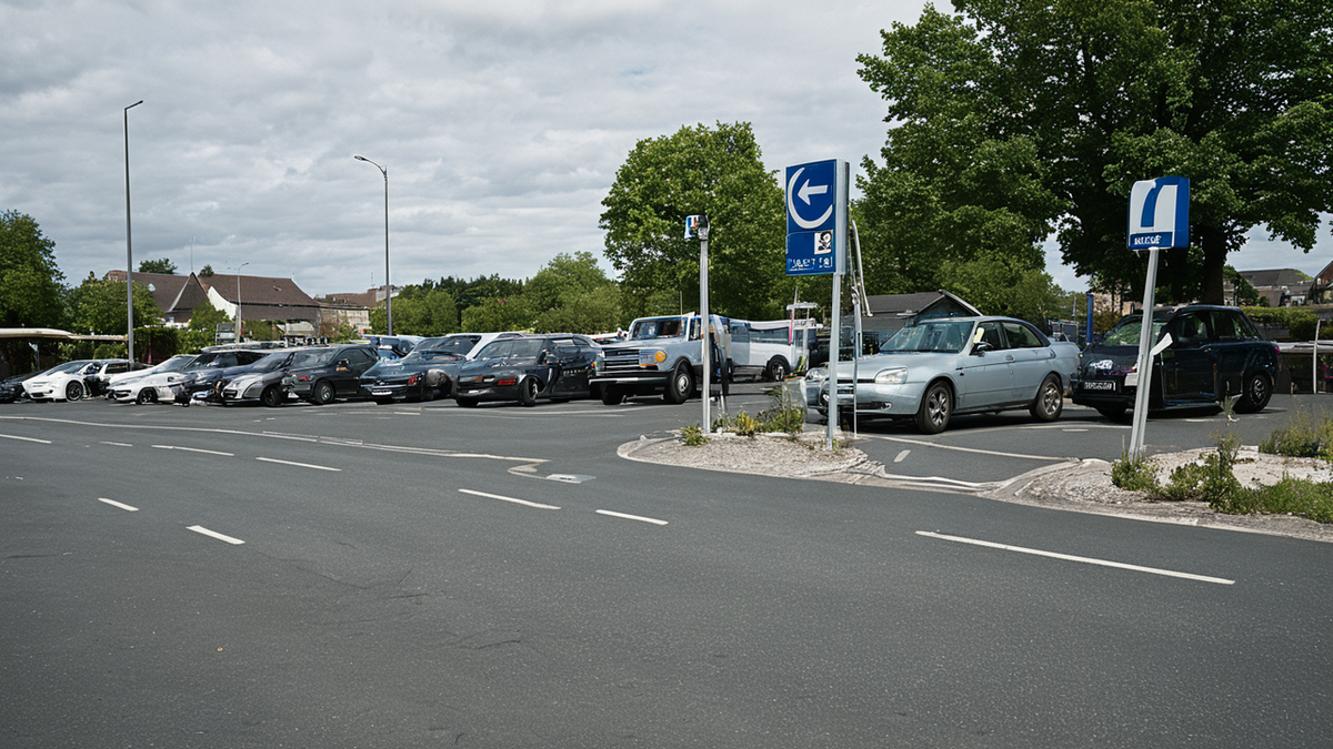 Une borne de recharge utilisée dans un parking calme avec une voiture compacte branchée.
