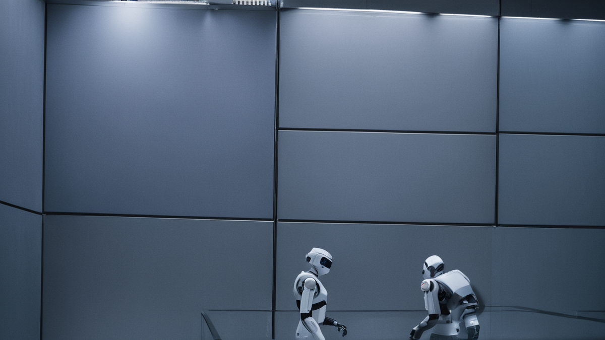 Un robot humanoïde sur une zone de démonstration lors d'un salon technologique.