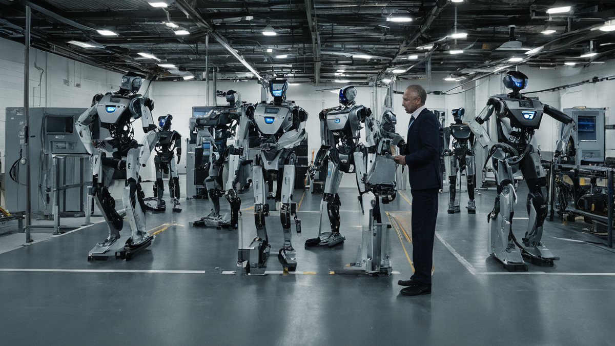 Un robot humanoïde dans un environnement industriel propre près d'une ligne d'assemblage.