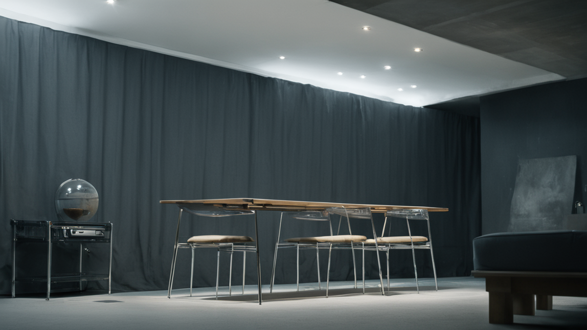 Une chaise vide et un téléphone posé dans une pièce calme éclairée naturellement.