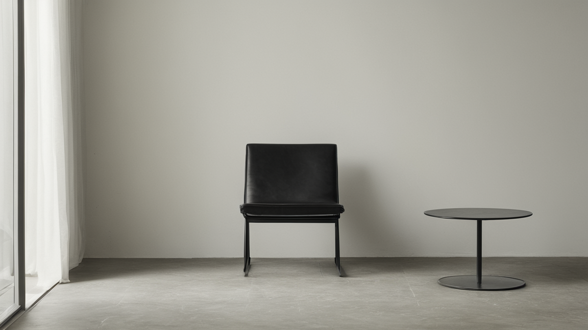 Une chaise vide dans une salle d’attente avec un téléphone éteint sur une table.