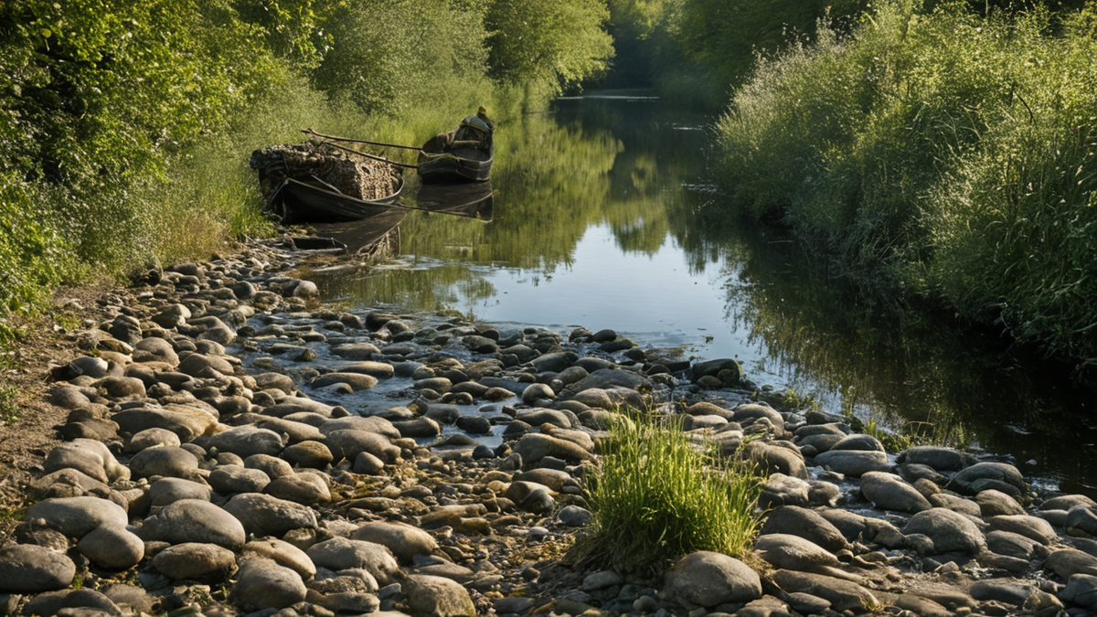 Des sacs neutres et un filet humide posés près d’un canal.