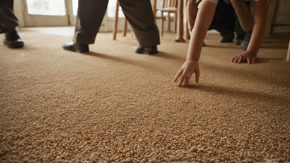 Un jeune enfant joue sur un tapis dans un salon familial.