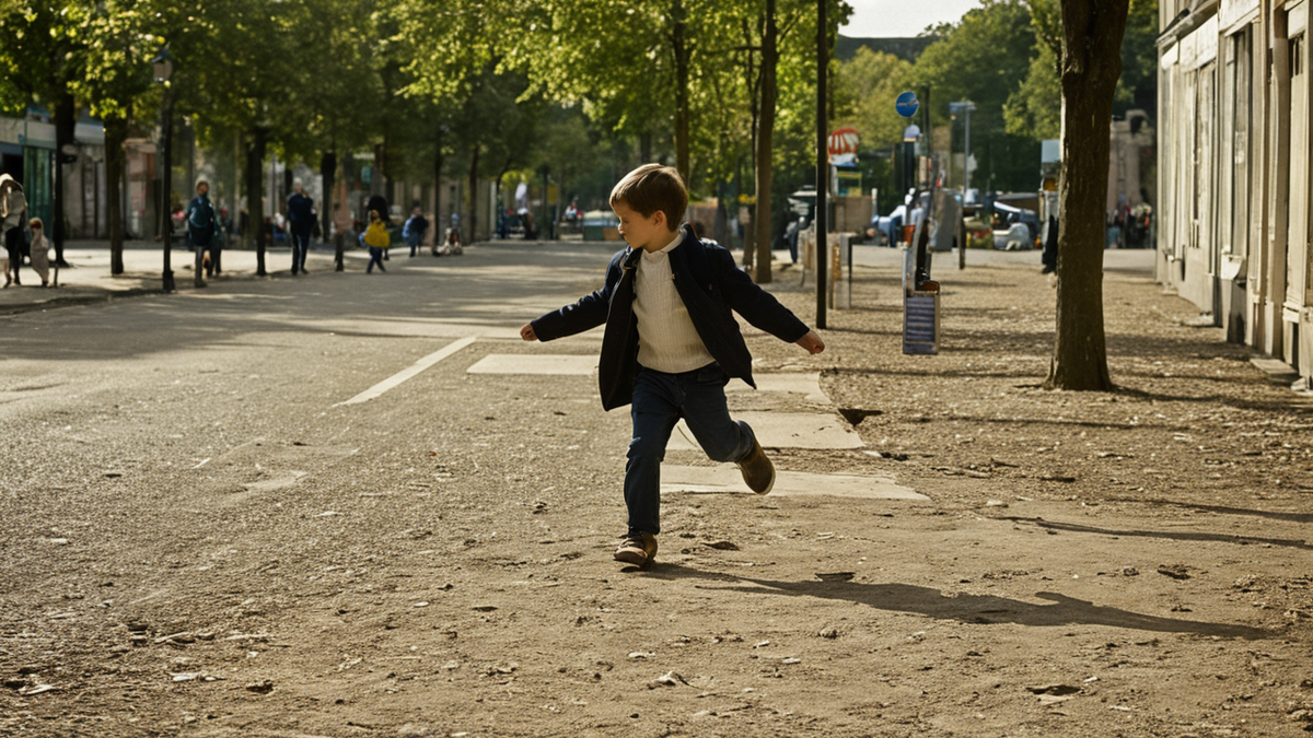 Un petit parc de quartier avec un enfant qui s’éloigne en courant.