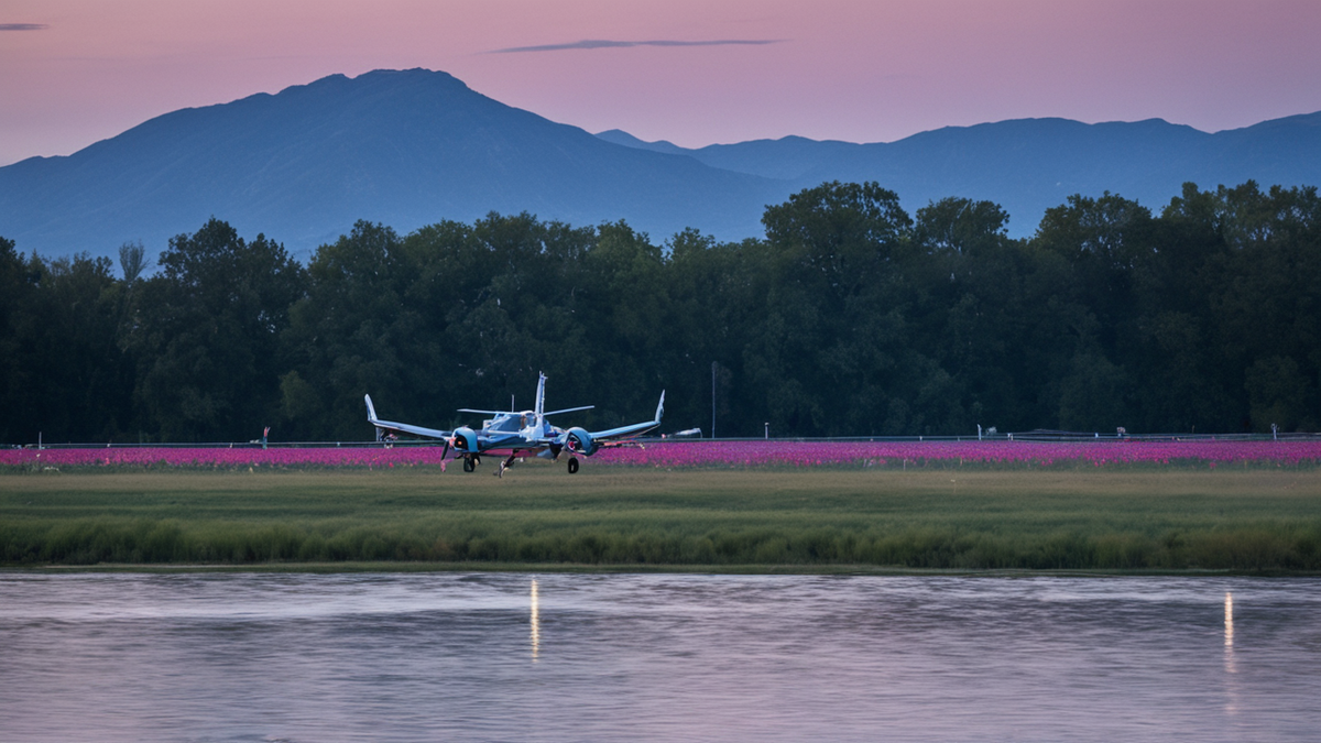 Grande scène de festival au crépuscule avec lumières pop et foule tenue.