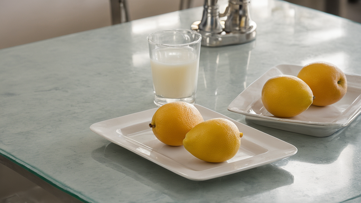 Table de petit-déjeuner avec verre de lait, bol, fruit et bouteille sans marque.