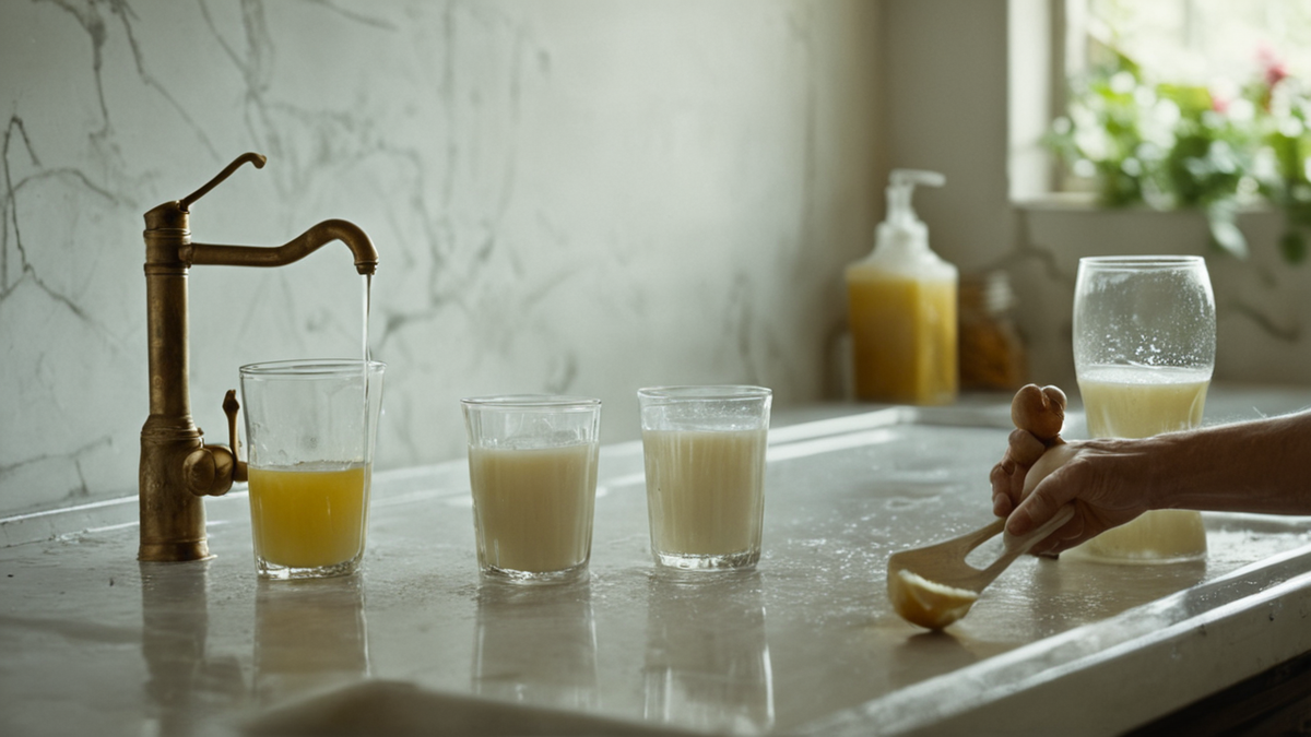 Cuisine familiale avec eau et lait visibles sur un plan de travail sobre.