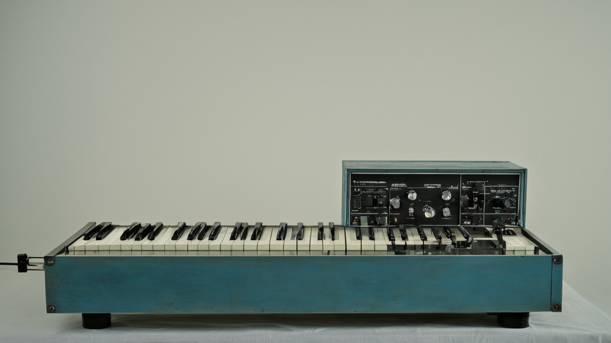 Un plateau de livestream musical avec caméra, micro et instruments dans une lumière bleu-vert.