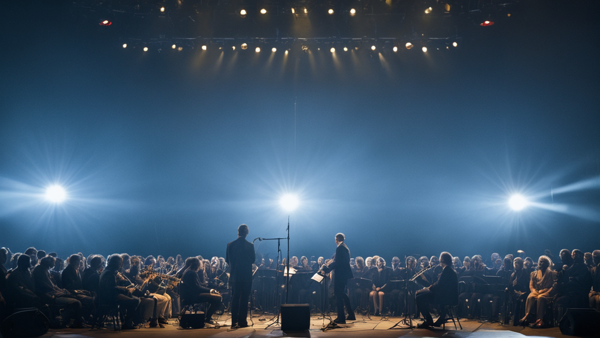 Une petite salle de performance après un live, avec un micro encore en place et quelques silhouettes au fond.