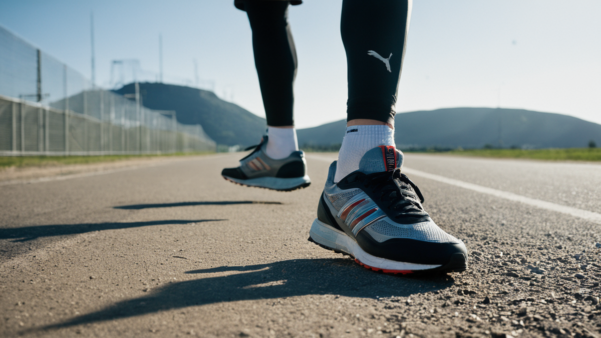 Lunettes de sport connectées posées sur un banc près de chaussures de running.