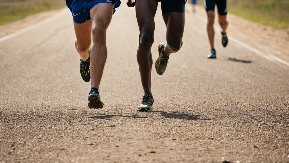 Deux coureurs vus de dos sur une ligne droite de marathon avec public flou.
