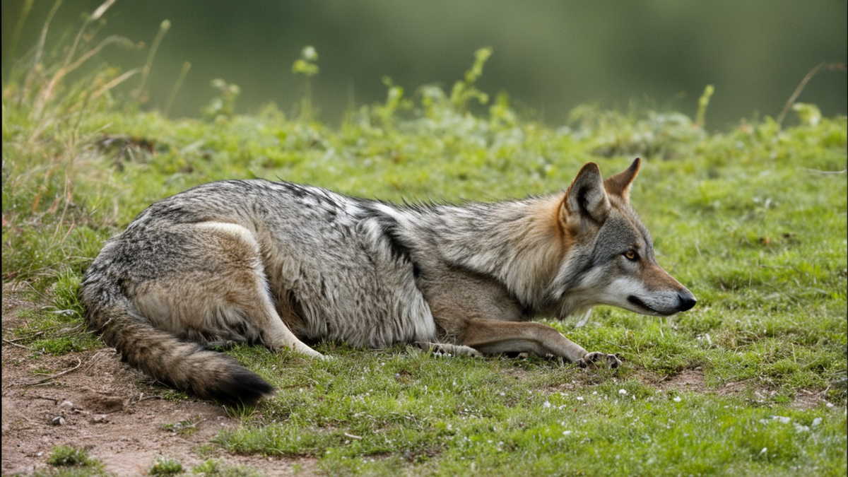 Un casier à crabes, une corde et un loup côtier apparaissent au bord de l’eau sur des galets.