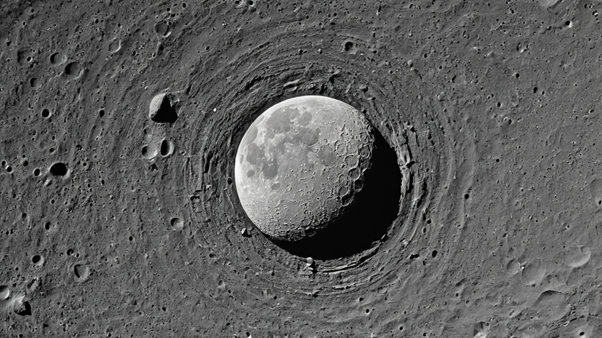 Une zone de surface lunaire où un impact récent se distingue par un contraste plus clair.