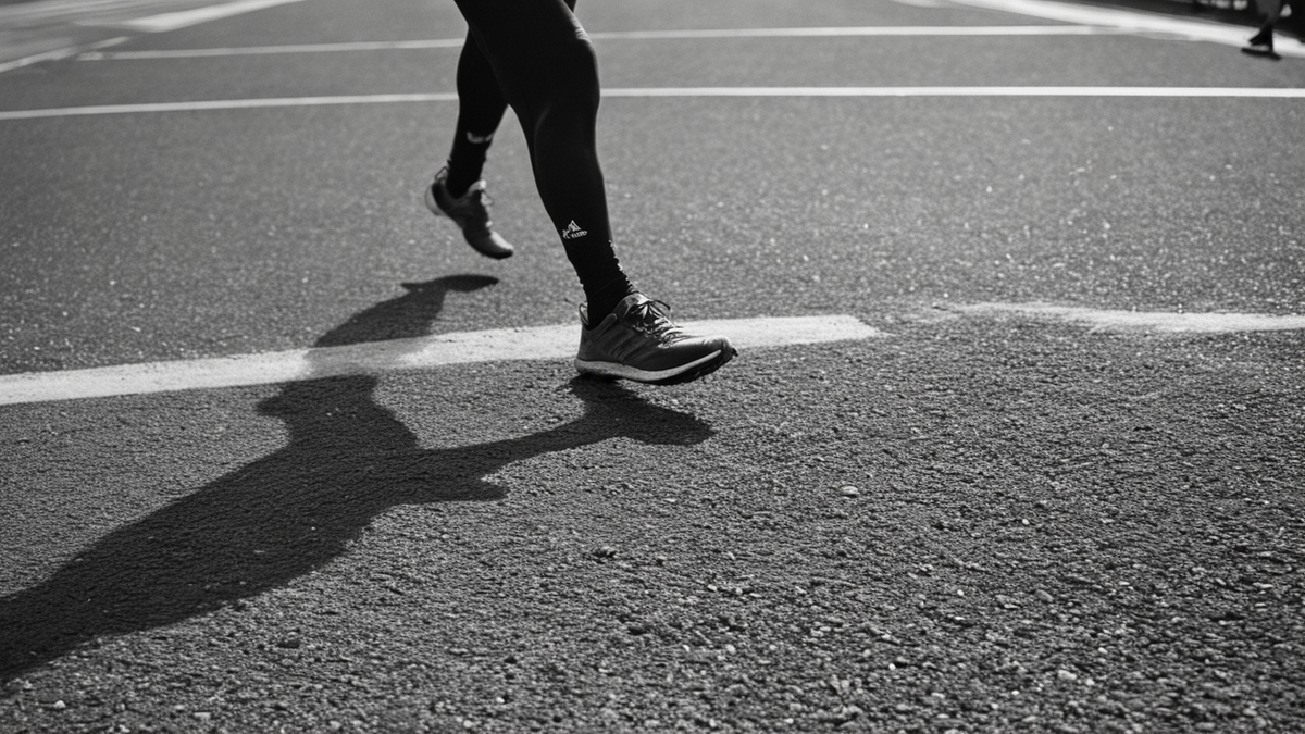 Des chaussures de course et du matériel de fin de marathon posés près d’une avenue qui se vide.