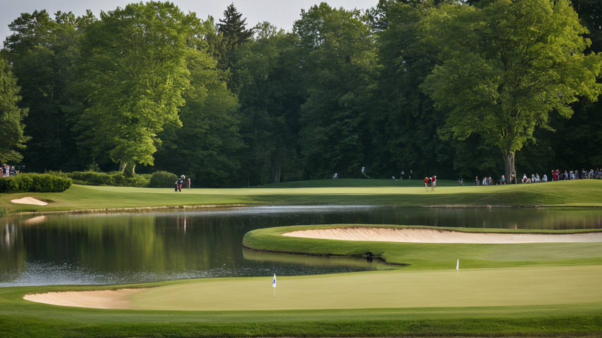 Un leaderboard de golf au bord d’un fairway pendant un grand tournoi.