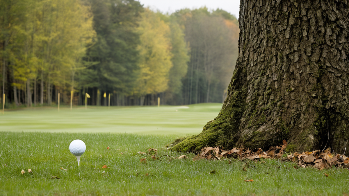 Les abords calmes d’un grand tournoi de golf en fin de journée.