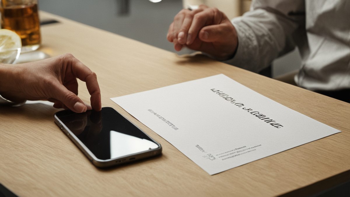 Une table de cuisine avec un téléphone posé et deux chaises vides.