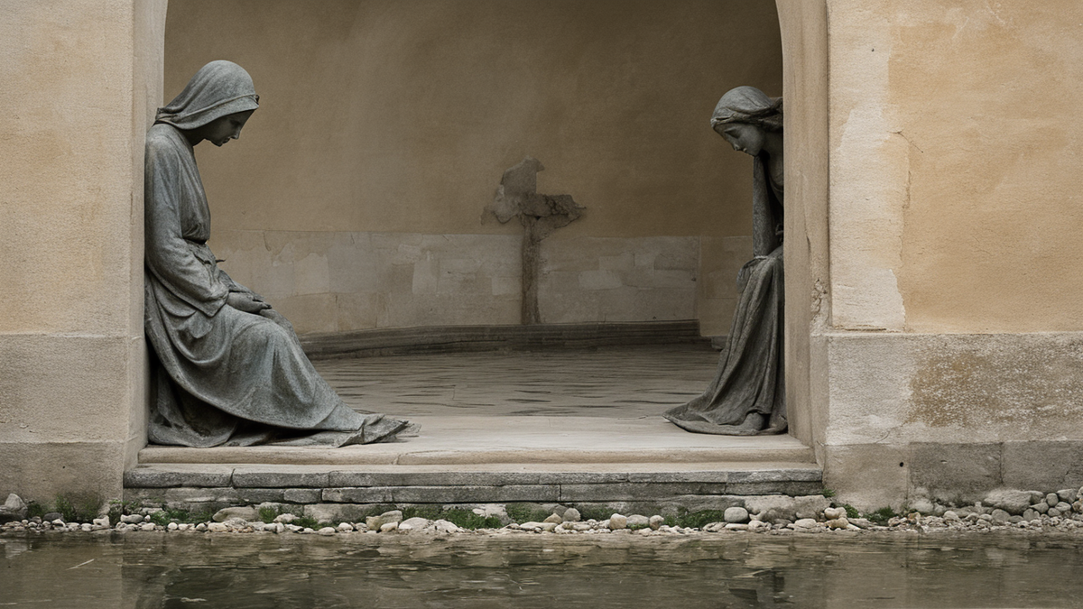 Une chapelle latérale calme avec une sculpture mise en valeur dans un espace religieux.