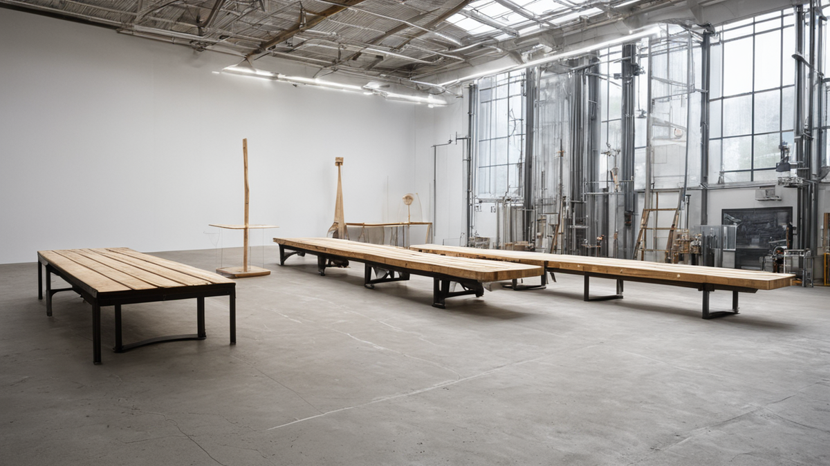 Espace industriel transformé en exposition de design avec modules en bois et lumière naturelle.