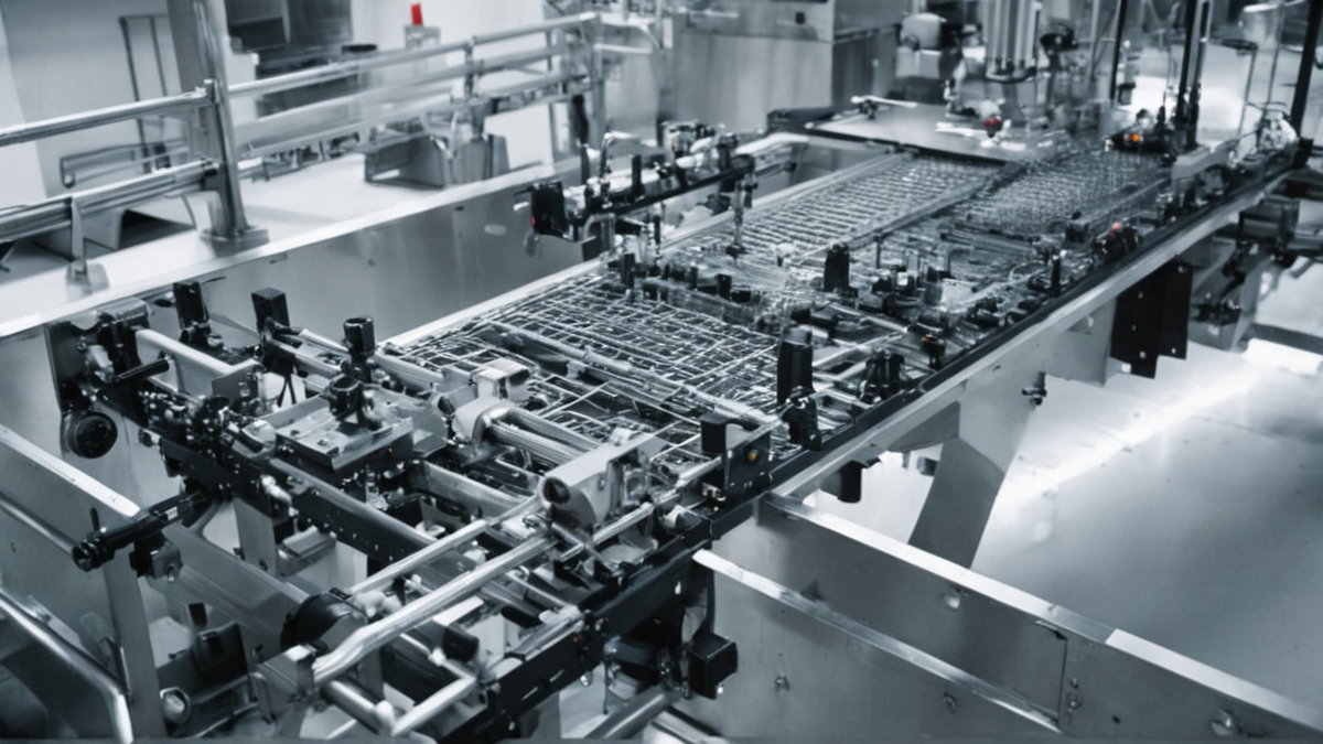 Zone propre de fabrication pharmaceutique avec machines et convoyeur.