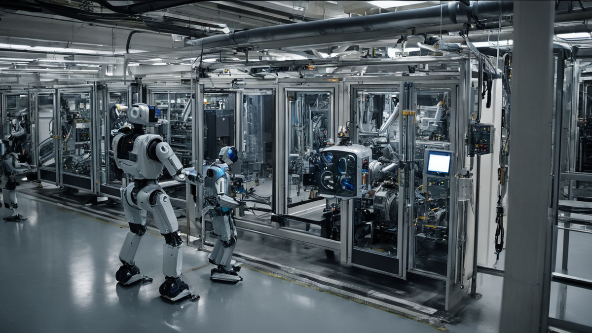 Des robots opèrent sur une ligne d'assemblage propre dans une usine contemporaine.