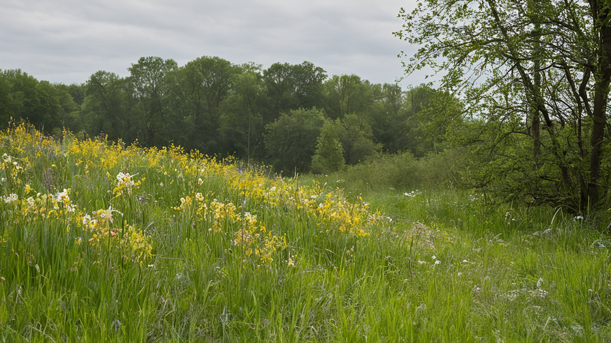 Prairie printanière avec quelques orchidées espacées et un chemin discret en arrière-plan.