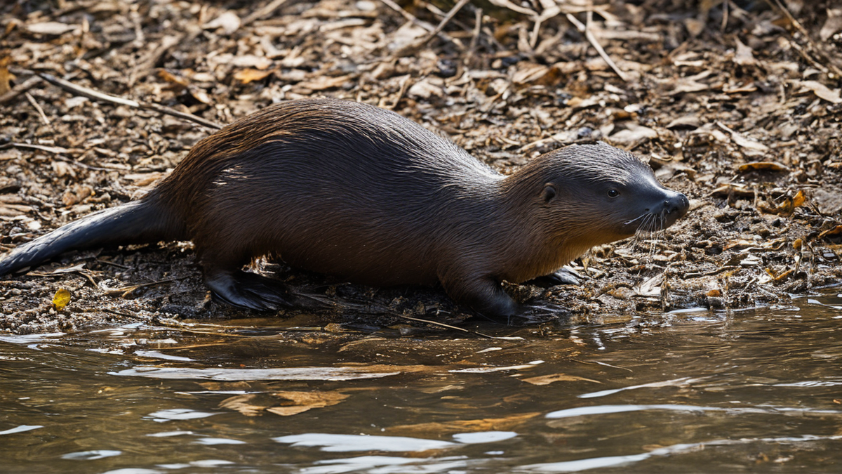 Berge de rivière australienne avec végétation basse et entrée de terrier discrète.