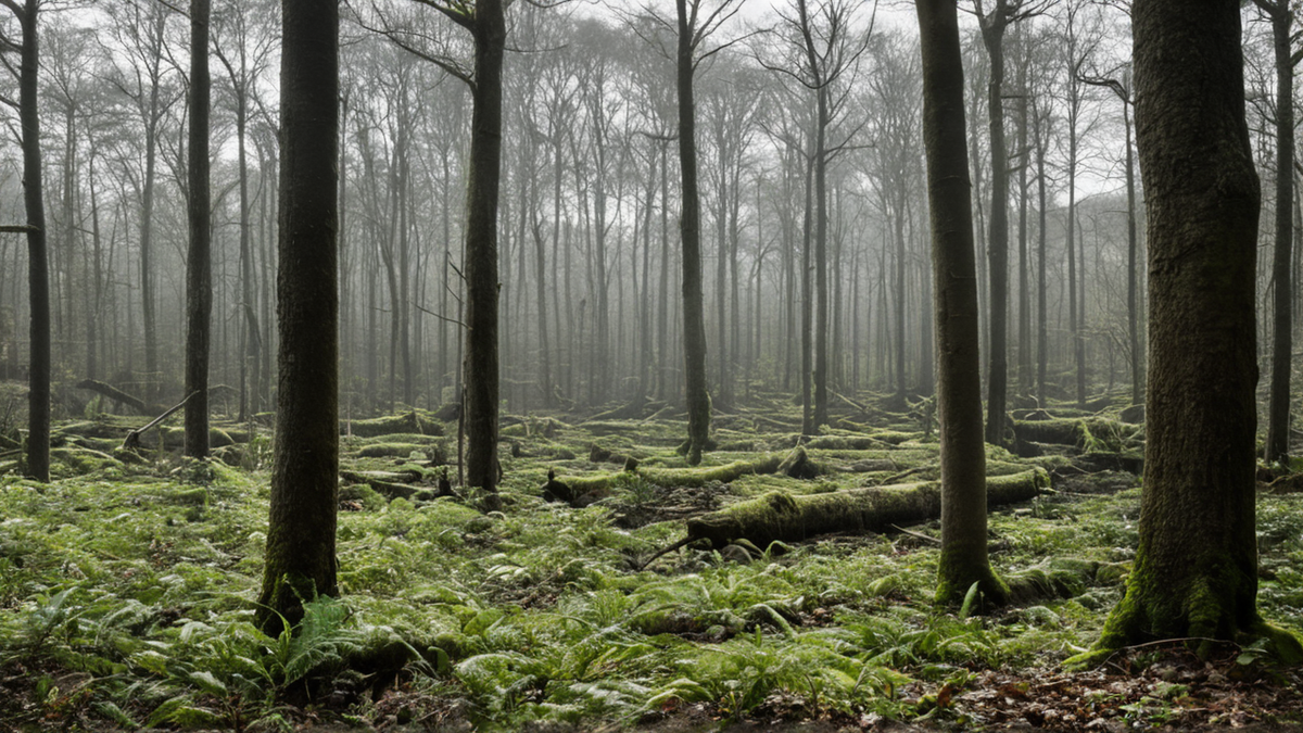 Une forêt tropicale ancienne de Papouasie s'élève dans une légère brume du matin.
