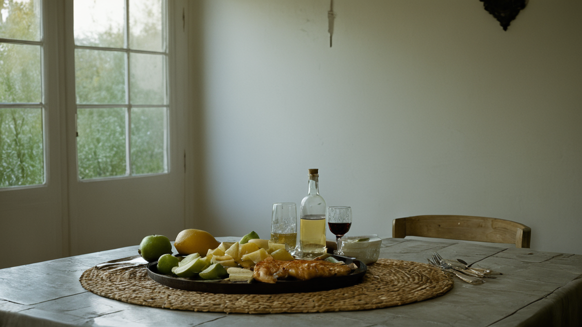 Une table de cuisine rangée en soirée avec une assiette vide et un verre d'eau.